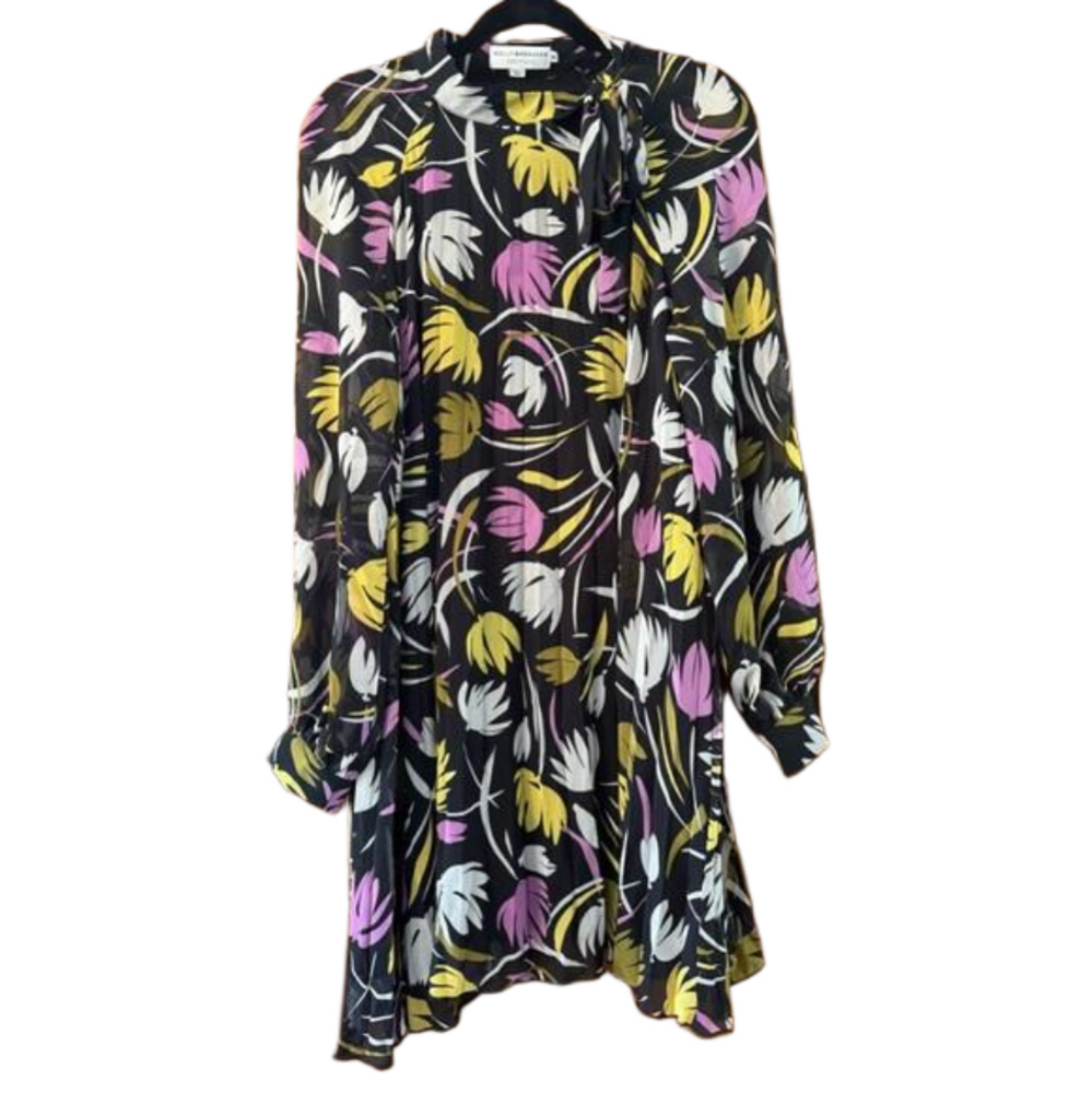 Molly Bracken Black Floral Mini Dress with Yellow, Pink, White Print